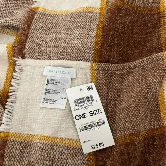 Charter Club Infinity Scarf Brown Ivory Multi Plaid Woven Chenille Loop Fringed - Picture 7 of 7